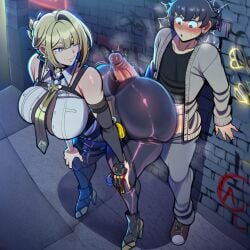 1boy 1girls against_wall ai_generated ass back_alley blush blushing breasts cloud115599 cock curvaceous curvaceous_female curvaceous_figure curvy curvy_body curvy_female curvy_figure curvy_hips evelyn_chevalier female hoyoverse huge_ass huge_breasts huge_cock huge_penis looking_back male male/female mihoyo novelai outdoors penis penis_between_ass penis_on_ass smile smiling thick thick_ass thick_butt thick_hips thick_legs thick_thighs twerk twerking twerking_on_dick twitching twitching_penis voluptuous voluptuous_body voluptuous_female zenless_zone_zero