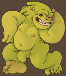 absurd_res anthro belly big_penis bootleg brown_eyes caricature eulipotyphlan fan_character feet flaccid genitals green_body green_skin hedgehog hi_res huge_penis humanoid_nose hybrid male mammal nipples ogre pecs penis ravuer running shronic silly_face silly_pose simple_background slightly_chubby slightly_chubby_male smile soles solo thick_penis