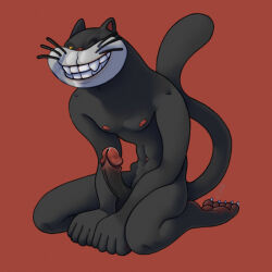 anthro big_penis black_body black_fur domestic_cat erection facial_markings felid feline felis fur genitals glans head_markings hi_res kitten_named_woof kotenok_po_imeni_gav long_tail male mammal markings muscular muscular_male muzzle_(marking) nipples one_eye_closed penis ravuer red_glans red_nipples red_nose simple_background sitting_on_knees skinny smile solo tail tall whiskers wink yellow_eyes
