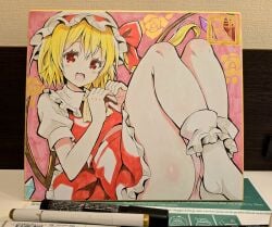 1girl absurdres art_tools_in_frame ascot blonde_hair bow collared_shirt commentary_request crystal crystal_wings flandre_scarlet frilled_shirt_collar frilled_skirt frills givuchoko hat hat_bow heart heart_hands highres looking_at_viewer mob_cap multicolored_wings one_side_up open_mouth panties pantyshot photo_(medium) pink_panties puffy_short_sleeves puffy_sleeves red_bow red_eyes red_skirt red_vest shikishi shirt short_sleeves skirt skirt_set smile socks solo touhou traditional_media underwear vest white_hat white_shirt white_socks wings yellow_ascot