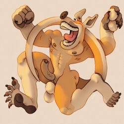 abs anthro balls brown_nipples brown_nose brown_pawpads caricature claws feet fur genitals hi_res kangaroo long_tail macropod male mammal marsupial mischievous modular modular_anatomy muscular muscular_male nipples pawpads pecs pink_tongue ravuer running silly_face simple_background smile solo tail tongue yellow_body yellow_fur
