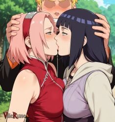 1boy 2girls ai_generated blush breast_press faceless_male ffm_threesome forced_kiss forced_partners forced_yuri girls_kissing green_eyes half-closed_eyes haruno_sakura hyuuga_hinata kiss medium_breasts medium_hair naruto naruto_(series) naruto_shippuuden outdoors symmetrical_docking upper_body uzumaki_naruto vilerune white_eyes