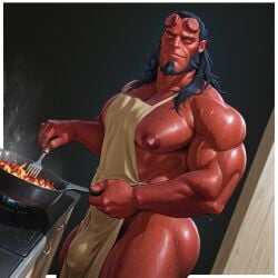 ai ai_generated apron apron_bulge bara bara_tiddies bara_tits big_ass black_hair breasts cooking gay hellboy hellboy_(series) khlibina male male_only muscular muscular_male sitting yaoi