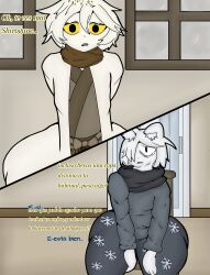 2boys background gay huge_butt huge_thighs ice_scream kemono only_male pajamas scarf shirogane_(funamusea) spanish_dialogue spanish_text tears text white_hair worried worried_expression yaoi yukisada_(ice_scream)