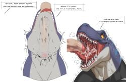 2026 absurd_res anthro anthro_focus anthro_penetrated bodily_fluids cum cum_in_mouth cum_inside cxcxxcxxxx dialogue dinosaur disembodied_penis duo english_text fellatio genital_fluids genitals hi_res human male male/male male_penetrated male_penetrating male_penetrating_male mammal multicolored_body oral penetration penile penis prehistoric_species purple_body reptile scalie sex sharp_teeth solo_focus speech_bubble sweat teeth text two_tone_body white_body yellow_sclera