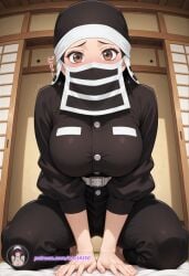ai_generated blushing covered_mouth demon_slayer female female_only grey_eyes kakushi_(kimetsu_no_yaiba) kimetsu_no_yaiba large_breasts looking_at_viewer straddling