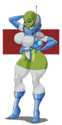 1girls alien antenna artist_request big_calves boots breasts green_body green_skin heels high_heels lips pointy_ears simple_background solo thighhighs