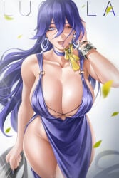 bracelet breasts cleavage collarbone dress jewelry large_breasts long_hair looking_at_viewer lucilla_(wuthering_waves) purple_hair ribbon solo thick_thighs thighs wtparadise wuthering_waves