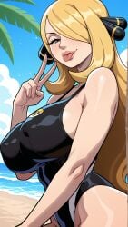 1girl 2026 2d absurd_res absurd_resolution absurdres ai_generated alternate_breast_size artist_name beach black_one-piece_swimsuit blonde_hair blue_sky breasts cloud covered_nipples cynthia_(pokemon) day grey_eyes hair_ornament hair_over_one_eye hand_up hi_res high_quality high_resolution highleg_swimsuit highres image large_breasts lips long_hair looking_at_viewer mayrainart nintendo ocean one-piece_swimsuit outdoors palm_tree patreon pokemon sand sky solo swimsuit tongue tongue_out tree uncensured v very_long_hair