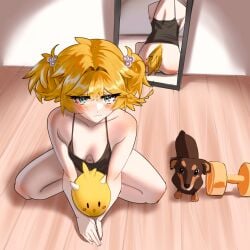 1girls black_bra blonde_hair blush blushing_at_viewer bottomless cleavage dachshund dog dokibird dragoon_(dokibird) fan_mascot_(vtuber) female female_only high-angle_view hikamio indie_virtual_youtuber kneeling large_cleavage mascot mirror_reflection pigtails tail_feathers