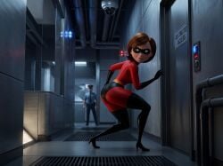 ai_generated big_ass bodysuit brunette brunette_female brunette_hair confident elastigirl facility guard guards hallway helen_parr high_heels infiltration latex mask masked_female milf round_ass shocked shocked_expression sneaking spy stealth superhero superheroine the_incredibles thick thick_ass thick_thighs tight_clothes tight_clothing tight_fit