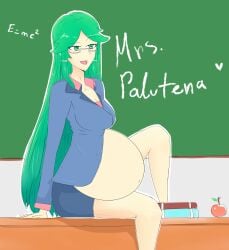 exposed_pregnant_belly goddess goddess_of_fertility green_hair green_hair_female kid_icarus kid_icarus_uprising nintendo palutena pregnant pregnant_belly pregnant_female super_belly teacher teacher_female teacher_outfit