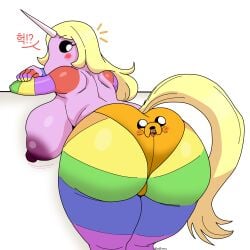 1boy 1girl adventure_time anthro ass ass_focus blonde_hair blushing breasts cartoon_network couple dark_nipples female furry ghostec horse_girl huge_ass huge_breasts huge_nipples human_panties humor jake_the_dog lady_rainicorn large_ass large_breasts large_nipples mane mane_hair meme multicolored_body multicolored_skin nipples panties panties_transformation pink_body pink_skin rainbow_body rainbow_skin rainicorn simple_background tail underwear underwear_transformation unicorn unicorn_horn yellow_panties