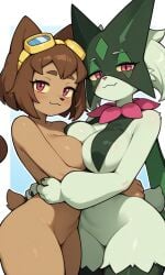 2girls :3 ai_generated bedroom_eyes big_breasts blush breasts cat_ears cat_girl cat_tail catgirl fang fur furry furry_female furry_only game_freak gameoverse glitch_productions goggles goggles_on_head hips hugging hugging_another kit_(gameoverse) kit_bodega looking_at_viewer meowscarada nintendo pixai pokemon pokemon_(species) pokemon_sv seductive seductive_eyes seductive_look seductive_smile smile smiling smiling_at_viewer tagme thick_thighs thighs urikoito wide_hips