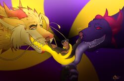 animal_genitalia anthro anthro_pred balls bodily_fluids canid canine canis devourer_(razor_koopa) dobermann domestic_dog dragon dripping ear_piercing eastern_dragon fangs fir3dragon0113 forked_tongue fur furred_dragon furred_scalie genitals glowing glowing_tongue goo_creature goo_dragon goo_drip group hi_res horn larger_anthro larger_male larger_pred licking male male_pred mammal muscular muscular_anthro muscular_male mythological_creature mythological_scalie mythology oral piercing pinscher purple_body purple_flesh red_eyes ren_(fir3dragon0113) saliva saliva_drip saliva_on_tongue saliva_string scalie sharp_teeth sheath size_difference slime soft_vore spiked_tail spikes spikes_(anatomy) tail teeth tongue tongue_out tongue_wrap tongue_wrapped trio vore willing_pred