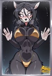 against_glass against_wall ai_generated anthro anthro_female bikini canine flirting_look golden_bikini mal0 malo scp-1471 scp-1471-a skull_head squished_breasts
