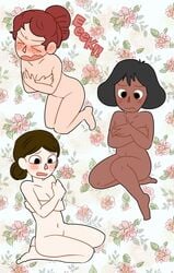 3girls beatrice_(otgw) beige_skin black_hair blush brown_hair cartoon_network color covering covering_breasts dark_skin embarrassed enf english_text female female_only flower_background gnome-no human kneeling lorna_(otgw) nude open_mouth over_the_garden_wall pale_skin red_hair sara_(otgw) short_hair sitting text