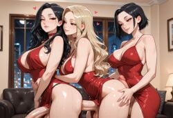 3futas ai_generated anal anal_sex black_hair blonde_hair charv erection futa_on_futa futa_only futadom futanari hugging kaori_(charv) katherine_(charv) long_hair red_dress red_eyes selene_(charv) short_hair threesome