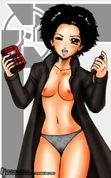 advance_wars bomb breasts coat john_joseco lash_(advance_wars) nintendo no_bra pointy_chin tagme topless wink