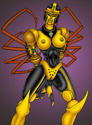 1girls beast_wars big_breasts black_eyes blackarachnia breasts busty calibos female female_only machine nipples purple_background pussy robot robot_girl simple_background solo solo_female transformers vagina yellow_breasts yellow_nipples yellow_pussy yellow_vagina