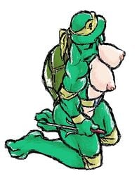 anthro beige_skin breasts color female female_only furry furry_only green_shell green_skin kneeling lowres mutabouru raphael rule_63 shell side_view simple_background smooth_skin solo teenage_mutant_ninja_turtles turtle white_background