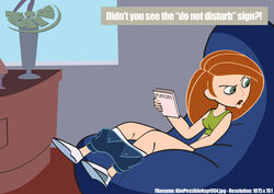 1girls annoyed bean_bag bedroom caught disney english english_text female female_focus female_only green_eyes hand_between_legs holding_book implied_masturbation interrupted kim_possible kimberly_ann_possible looking_back magazine masturbation nayr orange_hair panties panties_down pants_around_ankles pants_down playgirl porn_magazine small_breasts solo solo_female solo_focus straight_hair tank_top text_box