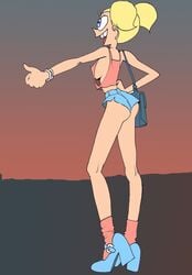 cartoon_network clothes dee_dee_(dexter's_laboratory) dexter's_laboratory erect_nipples female female_only hair handbag hitchhiking human medium_breasts nipple_bulge prostitution short_hair short_shorts sideboob solo standing straight_hair sue_dunn_emm tank_top tied_hair twintails