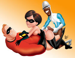 1girls 2boys alex_hiro assjob buttjob cowgirl_position dark-skinned_male dark_skin disney elastigirl female female_on_top frozone girl_on_top helen_parr hot_dogging hotdogging hyper_penis interracial lucius_best male mr._incredible nipples on_top pixar ride riding robert_parr straight_hair the_incredibles threesome woman_on_top