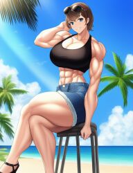 1girls abs ai_generated aviator_sunglasses bare_arms bare_legs bare_midriff bare_shoulders bare_thighs beach biceps black_tank_top blue_eyes blue_shorts broad_shoulders brown_hair cleavage crop_top crossed_legs day denim_shorts game_freak gigantic_breasts heels huge_breasts looking_at_viewer massive_breasts midriff midriff_baring_shirt muscle muscles muscular muscular_arms muscular_female muscular_legs muscular_thighs nintendo npc_trainer ocean palm_tree pokemon pokemon_sv sandals short_hair short_shorts shorts sitting stable_diffusion strappy_heels sunglasses sunglasses_on_head tagme tank_top thick_arms thick_thighs voluptuous voluptuous_female wide_hips