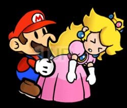 1boy 1girls 1up 1up_sex animated blonde_hair brown_hair cap clothed_sex crown dress earrings elbow_gloves female human lowres male mario mario_(series) mob_face mustache nintendo paper_mario paper_peach parody princess princess_peach sex softcore straight straight_hair suspenders