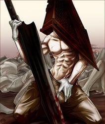 bloody_knife bubble_head_nurse bulge classic faceless_male hand_on_penis male_only muscles muscular muscular_male nurse_(silent_hill) pyramid_head scar shirtless silent_hill silent_hill_(film) tagme