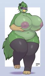 absurd_res anthro areola artist_name avian beak belly belly_markings big_areola big_belly big_breasts bird black_clothing breasts claws clothing dark_body dark_fur dark_hair dark_tail female flower_on_head fur fur_markings genitals green_body green_fur green_hair green_tail hair hi_res highlights_(coloring) holding_breast huge_breasts huge_hips huge_thighs looking_at_viewer markings navel nipples non-mammal_breasts one_eye_closed open_mouth paws purple_areola purple_eyes purple_nipples pussy slightly_chubby solo suger_phox tail tail_markings thick_thighs titania_(o_f786) watermark wide_hips yellow_beak yellow_body