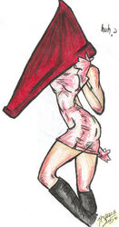 1girls armor artist_request boots breasts clothes color dress female female_only female_pyramid_head footwear genderswap gloves helmet humanoid konami pyramid_head rule_63 side_view silent_hill silent_hill_2 simple_background skirt solo standing uncensored villainess white_background