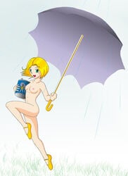 1girls anime_style artist_request blonde_hair flats looking_at_viewer mary_janes mascot morton_salt morton_salt_girl nude open_mouth shoes shoes_only short_hair small_breasts smile solo solo_female umbrella