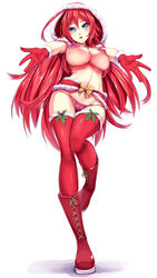 bikini_top blue_eyes blush boots breasts cameltoe christmas cleavage female gloves high_school_dxd highres hood large_breasts long_hair looking_at_viewer lowleg lowleg_panties mistletoe navel nipples on_one_foot open_mouth outstretched_arms packge panties red_eyes red_hair red_legwear rias_gremory santa_boots santa_costume santa_gloves short_hair simple_background smile solo standing thighhighs underwear very_long_hair white_background