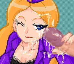 advance_wars artist_request blonde_hair blue_background cum female handjob nell_(advance_wars) nintendo wink winking