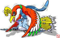 1boy 1girls articuno blue_feathers cum cum_in_pussy cum_inside dragon_soul_e female feral green_feathers ho-oh legendary_pokemon male pokemon pokemon_(species) red_eyes red_feathers tagme white_feathers