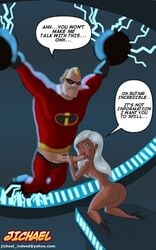 1boy 1girls ass blowjob breasts cheating dark-skinned_female dialogue disney fellatio female high_heels jichael long_hair mirage_(the_incredibles) mr._incredible oral penis pixar robert_parr silver_hair speech_bubble straight_hair text the_incredibles two_handed_stroking white_hair