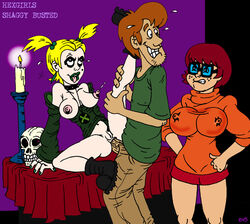 1boy 2girls anal angry blonde_hair candle caught caught_in_the_act cheating dusk_(hex_girls) glasses goth_girl gothic hanna-barbera hex_girls leg_grab leg_up nev nipples nipples_through_clothes penis rough_sex scooby-doo sex sex_on_table shaggy_rogers smile smiling sweatdrop tongue_out velma_dinkley young