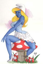 1990s 1999 20th_century areola blonde_hair blue_eyes blue_skin breasts erect_nipples female female_only high_heels mushroom mushrooms nipples smurf smurfette solo the_smurfs white_skirt yellow_hair