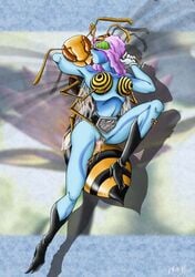 1boy 1girls artist_request bee bee_girl bee_woman blue_skin breasts green_eyes hachi_onna insect insects kamen_rider large_breasts nipples pink_hair sex