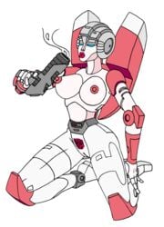 1girls arcee arcee_(g1) autobot big_breasts breasts calibos female female_autobots female_only gun lowres nipples on_knees pink_nipples pussy robot robot_girl solo transformers transformers_g1 vagina white_body