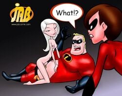 1boy 2girls breasts caught_in_the_act cheating cheating_husband cowgirl_position disney elastigirl female green_eyes helen_parr hetero jab jabcomix.com long_hair male mirage_(the_incredibles) mr._incredible nipples pixar robert_parr sex skinny smile smug speech_bubble straight_hair tagme text the_incredibles white_hair