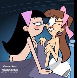 2005 2girls ardee ass bed bedroom blush bow buckteeth canon_genderswap cleavage eyeshadow female hoop_earrings multiple_girls neoslashott nickelodeon nude rule_63 straight_hair the_fairly_oddparents timantha timmy_turner trixie_tang yuri