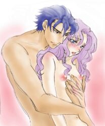 aozora_kyuuji arm arms bare_shoulders blue_eyes blue_hair blush breasts couple female fire_emblem fire_emblem:_the_blazing_blade flat_chest florina_(fire_emblem) from_behind hand_on_hand hector_(fire_emblem) hug hug_from_behind implied_fingering lips long_hair looking_down looking_over_shoulder lowres male navel nipples nude open_mouth pegasus_knight purple_hair short_hair standing straight