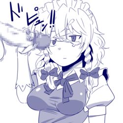 amazon_(taitaitaira) bow braid breasts censored cum deadpan ejaculation erection expressionless facial female gloves hairbow handjob jitome maid_headdress monochrome penis sakuya_izayoi solo_focus testicles text tied_hair touhou translation_request twin_braids