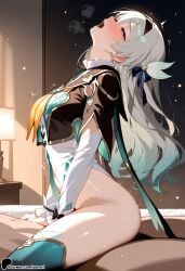 1boy 1girl blush cowgirl_position girl_on_top hairband long_hair motion_lines open_mouth sex straddling trembling honkai:_star_rail firefly_(honkai:_star_rail) sunori ai_generated