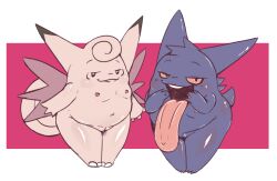 2025 3_fingers anthro arms_bent bedroom_eyes biped black_ear_tips blush body_blush clefable digital_drawing_(artwork) digital_media_(artwork) dipstick_ears duo ear_markings eyebrows female female_anthro fingers flat_chested flat_colors generation_1_pokemon gengar genitals geometric_background half-closed_eyes head_tuft huge_tongue looking_at_viewer multicolored_ears narrowed_eyes nintendo nipples noseless nude nude_anthro nude_female pink_tongue pokemon pokemon_(species) purple_body seductive simple_background simple_eyes slightly_chubby slightly_chubby_anthro slightly_chubby_female smile smiling_at_viewer standing tail tan_ears tongue tongue_out tuft vono vulva wings