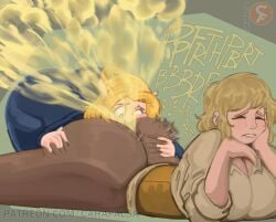 2girls ass blonde_hair blue_capelet blue_robe capelet carafalsa clothed clothed_female dungeon_meshi elf elf_ears falin_touden fart fart_cloud fart_fetish farting farting_in_face farting_on_face female green_eyes hair_ribbon huge_ass light-skinned_female light_skin mage magic marcille_donato smelling_ass yuri