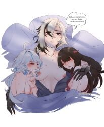 2d 3girls after_sex arlecchino_(genshin_impact) bed bite_marks breasts columbina_(genshin_impact) cuddling dialogue edit female female_only fff fff_threesome furina_(genshin_impact) genshin_impact hickey hickey_marks kiss_mark lesbian_sex lesbians nipples nude nude_female polyamory ryuichikung sleeping spanish spanish_text speech text thought_bubble threesome translated trio under_blanket yuri